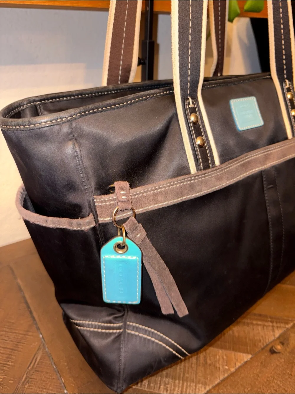 Coach Black Signature Nylon Tote | Blue Leather Trim | Large
